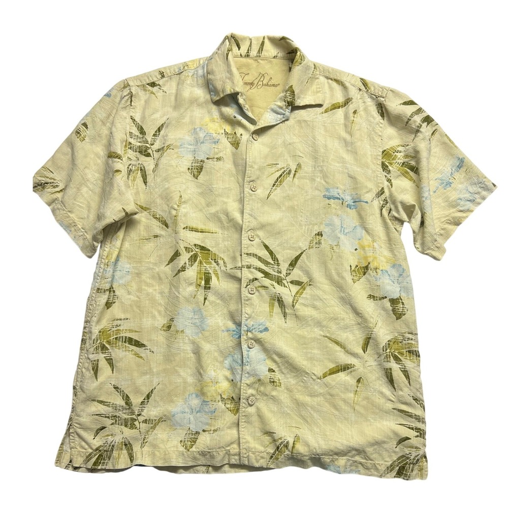 Tommy Bahama Mens SILK Hawaiian Shirt Yellow Bamboo Floral Short Sleeve Resort - Picture 1 of 12